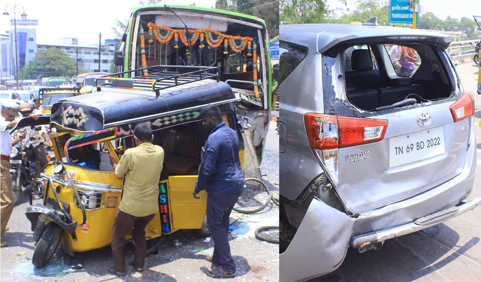 நெல்லை கொக்கிரகுளத்தில் விபத்து: ஆட்டோ-கார், அரசு பஸ் மீது  மோதிய தனியார் பஸ்; 10 பேர் காயம்