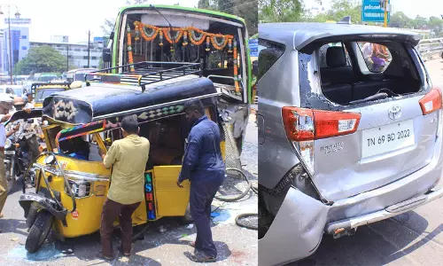 நெல்லை கொக்கிரகுளத்தில் விபத்து: ஆட்டோ-கார், அரசு பஸ் மீது  மோதிய தனியார் பஸ்; 10 பேர் காயம்