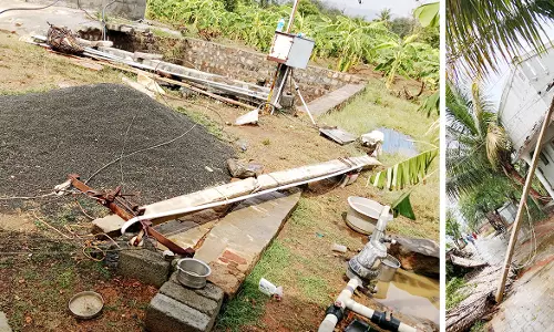 மின் கம்பங்கள் சாய்ந்து விழுந்தன; மாடு பலி