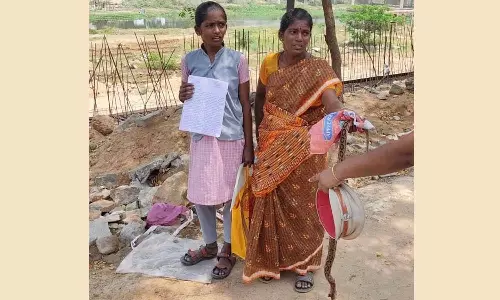 புதிதாக கட்டிய வீட்டிற்கு 3 ஆண்டுகளாக மின்சாரம் வழங்காததாக கூறி கலெக்டர் அலுவலகத்திற்கு பாம்புடன் மனு அளிக்க வந்த பெண்