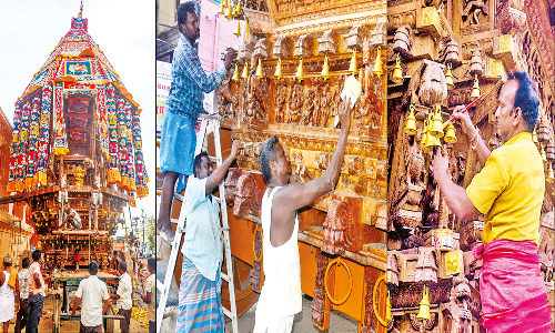 நாளை மறுநாள் தேரோட்டம்: தஞ்சை பெரியகோவில் தேர் அலங்கரிக்கும் பணிகள் தீவிரம்