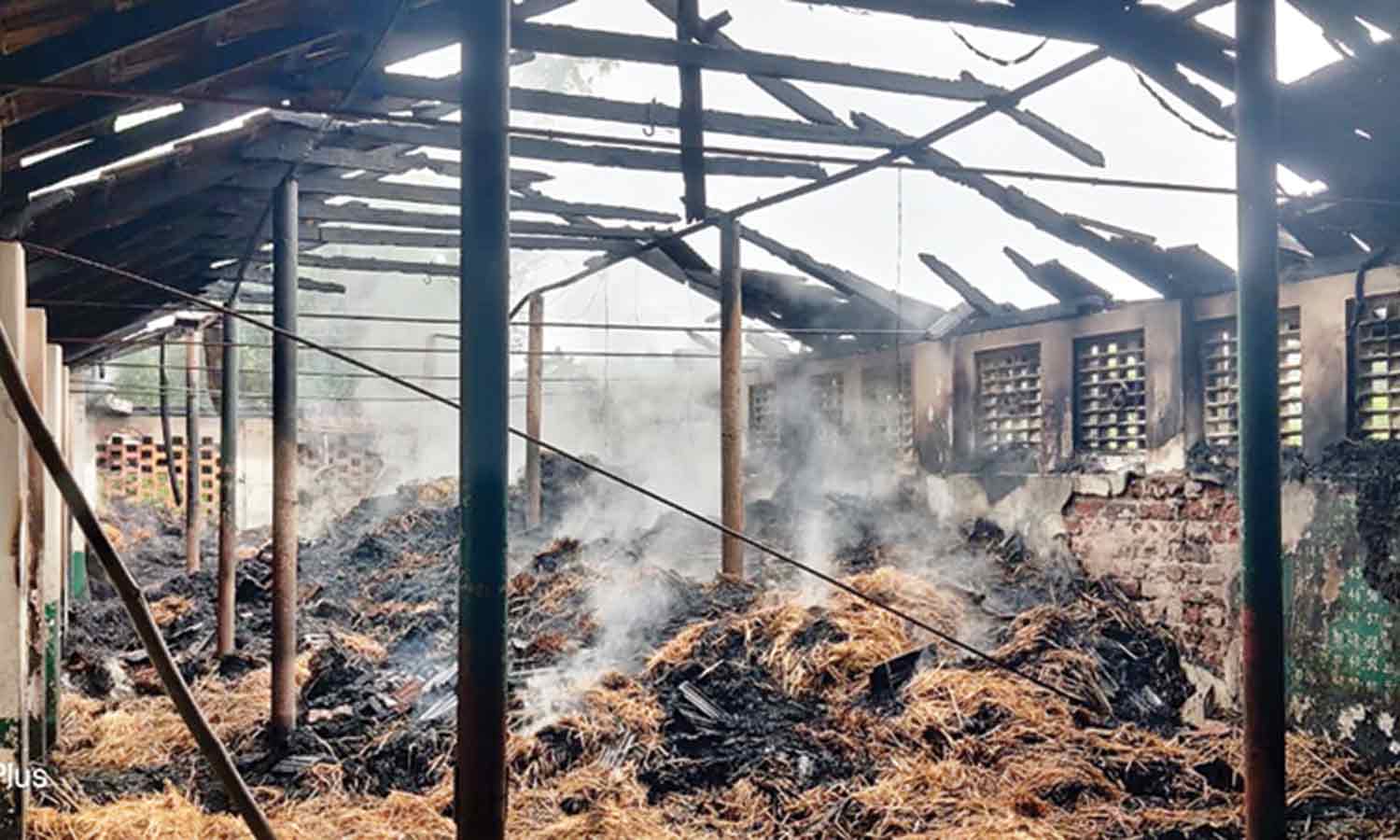 வைக்கோல் கட்டுகள் எரிந்து சேதம் Burn damage to hay bales