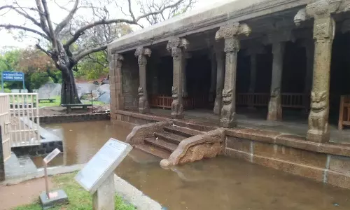 நள்ளிரவில் பெய்த கனமழையால் மாமல்லபுரம் கிருஷ்ணர் மண்டபத்தில் தண்ணீர் தேங்கியது