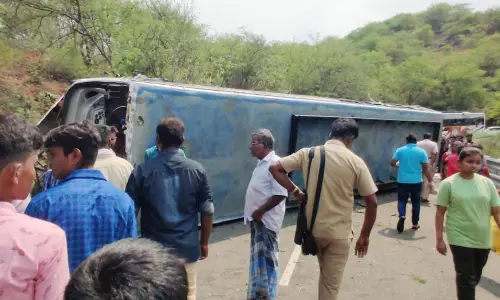 ஒகேனக்கல் மலைபாதையில் சுற்றுலா பேருந்து கவிழ்ந்து விபத்து