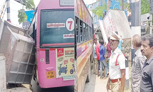 சேலம் முள்ளுவாடிகேட்டில் அரசு டவுன் பஸ்  போலீஸ்  நிழற்குடையில் மோதியது