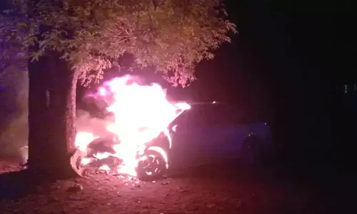 சூலூரில் நாய் குறுக்கே சென்றதால் மரத்தில் மோதிய கார் தீப்பிடித்து எறிந்ததால் பரபரப்பு