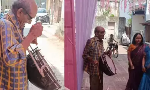 திருமண விழாவில் தப்பட்டை வாசிக்கும் 95 வயது முதியவர்