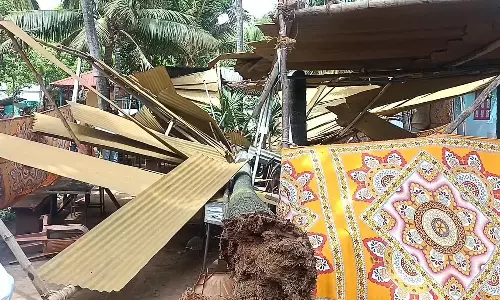 மணவாளக்குறிச்சி அருகே கோவில் பந்தலில் பனை மரம் விழுந்து 4 பேர் படுகாயம்