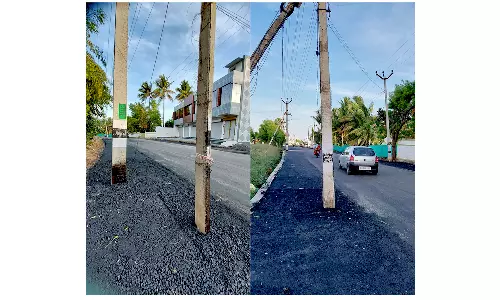 மின்கம்பங்களை அகற்றாமல் தார் சாலை அமைப்பு