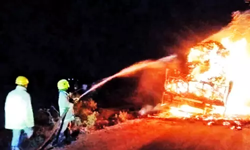 சேரன்மகாதேவி அருகே தேங்காய் தும்புகள் ஏற்றி சென்ற லாரியில் திடீர் தீ