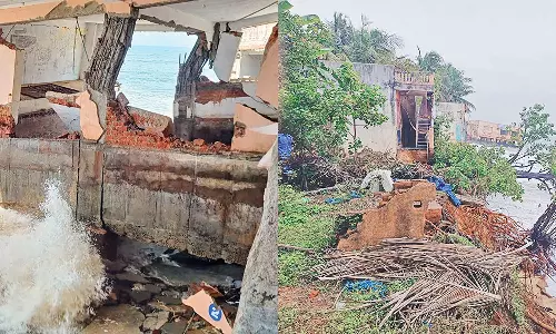 மீனவ கிராமத்தில் கடல் அரிப்பால் 10 வீடுகள் இடிந்து விழுந்தது- கிராம மக்கள் மறியல் செய்ய முயற்சி