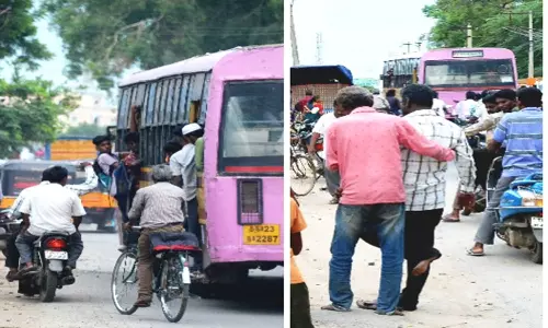 பஸ்சில் தொங்கிக்கொண்டு மாணவர்கள் அட்டகாசம்