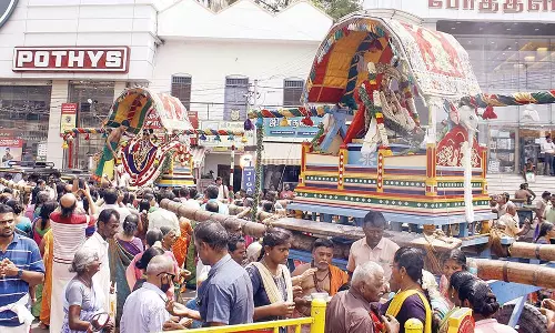 நெல்லையப்பர் கோவிலில் தவழ்ந்த கோலத்தில் பக்தர்களுக்கு காட்சியளித்த காந்திமதி அம்பாள்