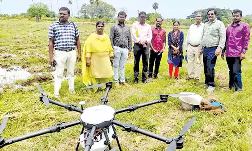 ட்ரோன் மூலம் நேரடி நெல் விதைப்பு குறித்து செயல்விளக்கம்