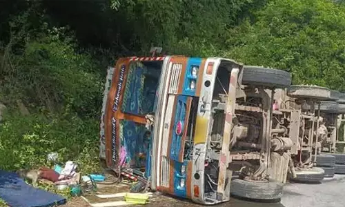 சீலநாயக்கன்பட்டியில் பலாபழம் ஏற்றி வந்த லாரி நடுரோட்டில் கவிழ்ந்து விபத்து