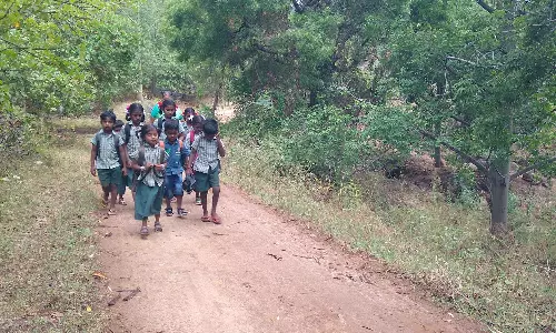 போக்குவரத்து வசதி இல்லாததால் 2 கி.மீ. தூரம் நடந்தே பள்ளிக்கு செல்லும் மாணவ-மாணவிகள்