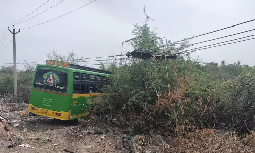 சிதம்பரம் அருகே  அதி வேகமாக வந்த மினி பஸ்  மின் கம்பத்தில் மோதியது