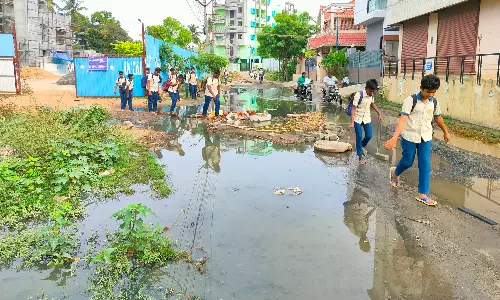 திண்டுக்கல் விவேகானந்தா நகரில் குளம் போல் தேங்கிய கழிவுநீரை கடக்கும் மாணவர்கள்