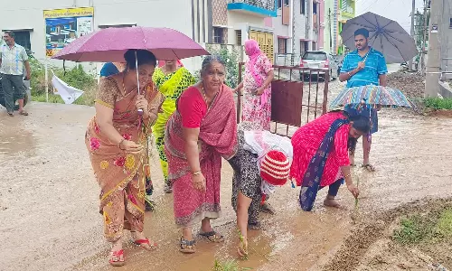 தார்சாலை அமைக்காததை கண்டித்து சேற்றில் நாற்று நடும் போராட்டம்