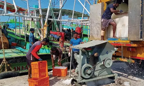 விசைப்படகுகளுக்கு ஐஸ், டீசல் நிரப்பும் பணியில் மீனவர்கள் தீவிரம்