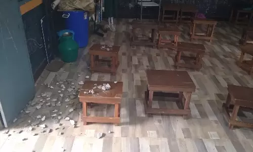 வனத்துறை தடையால் சீரமைப்பு பணி மேற்கொள்ளப்படவில்லை அரசரடி அரசு பள்ளியில் மேற்கூரை இடிந்து விழுந்ததால் பரபரப்பு