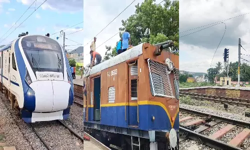 மின்கம்பி அறுந்து விழுந்ததால் வந்தே பாரத் ரெயில் நடுவழியில் நிறுத்தம்