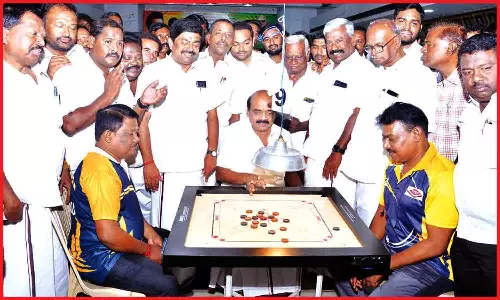 தி.மு.க., சார்பில் தேசிய அளவிலான கேரம் போட்டி செல்வராஜ் எம்.எல்.ஏ. தொடங்கி வைத்தார்