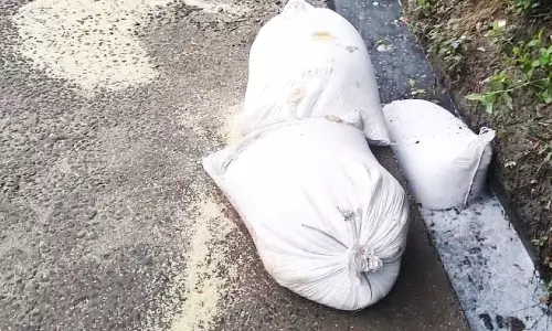 சாலையோரம் கேட்பாரற்று கிடந்த ரேசன் அரிசி