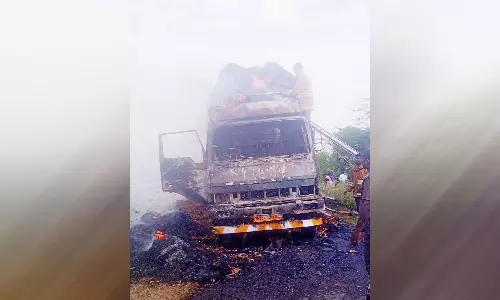 வைக்கோல் ஏற்றி வந்த வேனில் திடீர் தீ