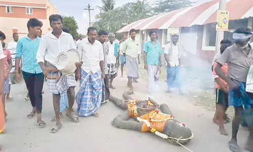 கருகும் பயிரை காப்பாற்ற விவசாயிகள் நூதன வழிபாடு