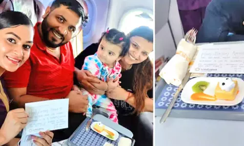 குழந்தையின் முதல் பிறந்தநாளை நடுவானில் கேக் வெட்டி கொண்டாடிய விமான குழுவினர்- தந்தையின் டுவிட்டர் பதிவு வைரல்