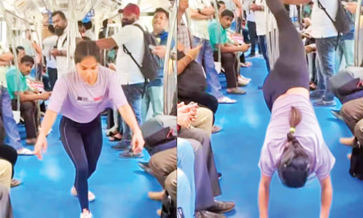 மெட்ரோ ரெயிலில் ஜிம்னாஸ்டிக் திறமையை வெளிப்படுத்திய தடகள வீராங்கனை