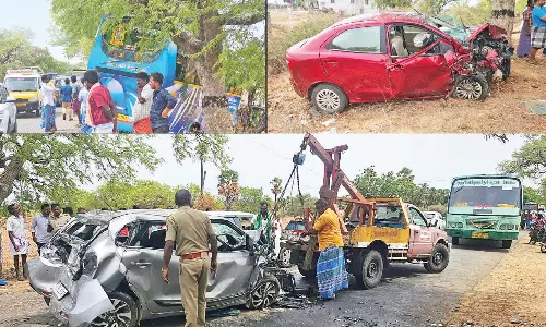 தாராபுரம் அருகே வேன்-கார்கள் மோதல்: தாய்-மகன் பலி