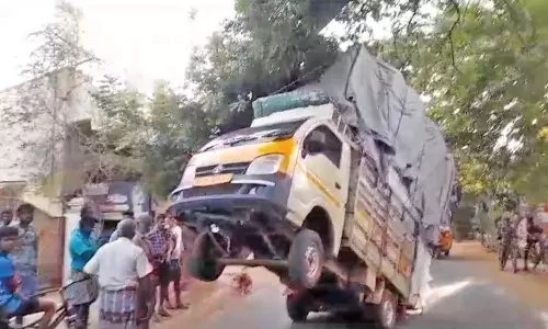 பாவூர்சத்திரம் அருகே மரக்கிளையில் சிக்கி அந்தரத்தில் தொங்கிய மினி லாரி