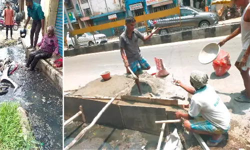 வேலூர் மக்கான் சாலையில் முதியவர் விழுந்த கால்வாயில் தடுப்பு சுவர்