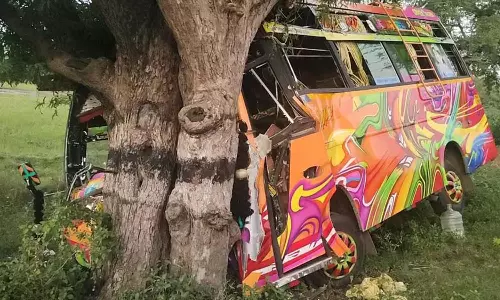 தறிகெட்டு ஓடிய வேன் புளியமரத்தில் மோதி விபத்து: 10-க்கும் மேற்பட்டோர் காயம்