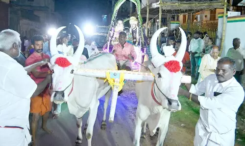 மாட்டு வண்டியில் மணமகனுடன் புகுந்த வீட்டிற்கு வந்த மணப்பெண்