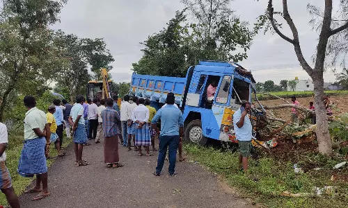 தேக்கு மரத்தின் மீது டிப்பர் லாரி மோதி விபத்து