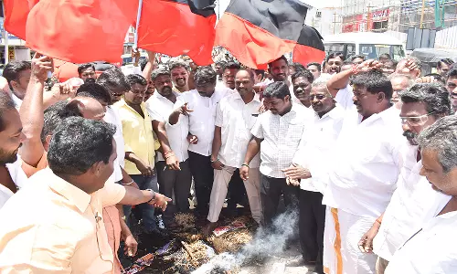 கடலூரில் தி.மு.க. சார்பி ல் சாமியார் உருவ பொம்மை எரித்து போராட்டம்:மாநகர செயலாளர் ராஜா தலைமையில் நடந்தது