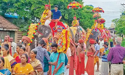மயிலாடுதுறையில் யானைகள் மேல் புனித தீர்த்த ஊர்வலம்