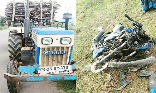 பைக் மீது டிராக்டர் மோதி கட்டிட மேஸ்திரி சாவு