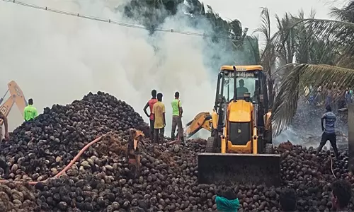 மின்சார கம்பிகள் உராய்வில் ஏற்பட்ட தீ விபத்தில்ரூ.75 லட்சம் மதிப்பிலான தேங்காய்கள் தீயில் எரிந்து நாசம்