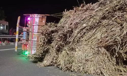 விக்கிரவாண்டி அருகே கரும்பு லோடு ஏற்றி வந்த லாரி கவிழ்ந்து விபத்து