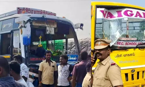 வாழப்பாடி அருகே விபத்து: ஒரே நேரத்தில் 2 பள்ளி பஸ்கள் மீது தனியார் பஸ் மோதல்
