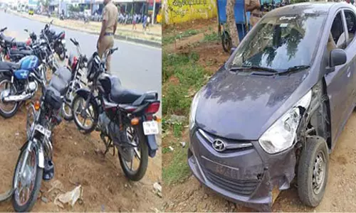 பாவூர்சத்திரத்தில்  போதகர் ஒட்டி வந்த கார் மோதி 12 மோட்டார் சைக்கிள்கள் சேதம்
