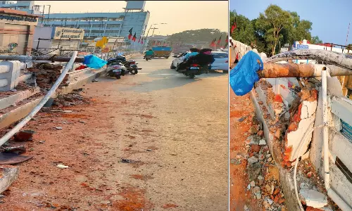 நெல்லை ஈரடுக்கு மேம்பாலத்தில் வாகனம் மோதி மின்கம்பம் முறிந்தது - பெரும் விபத்து தவிர்ப்பு