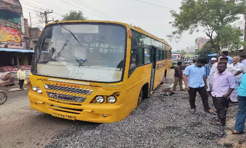 நெல்லிக்குப்பத்தில்சாலையோர பள்ளத்தில் சிக்கிய கல்லூரி பஸ்ஒரு மணி நேரம் போக்குவரத்து பாதிப்பு