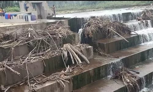 போடி அணைப்பிள்ளையார் நீர்வீழ்ச்சியில் தண்ணீர் வரத்து பகுதியில் குவிந்துகிடக்கும் மரக்கழிவுகள்