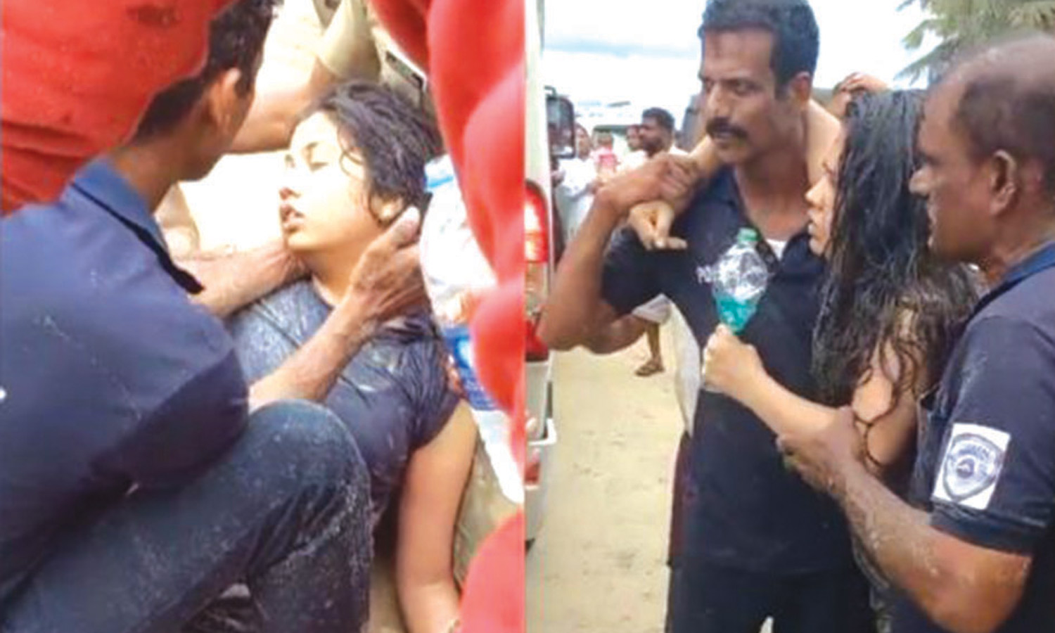 கடல் அலையில் இழுத்துச்செல்லப்பட்ட இளம்பெண்ணை மீட்ட போலீஸ்காரர்கள்