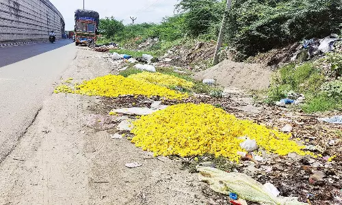 போதிய விலை கிடைக்காததால் சாமந்தி பூக்களை சாலையோரம் கொட்டிச் சென்ற விவசாயிகள்
